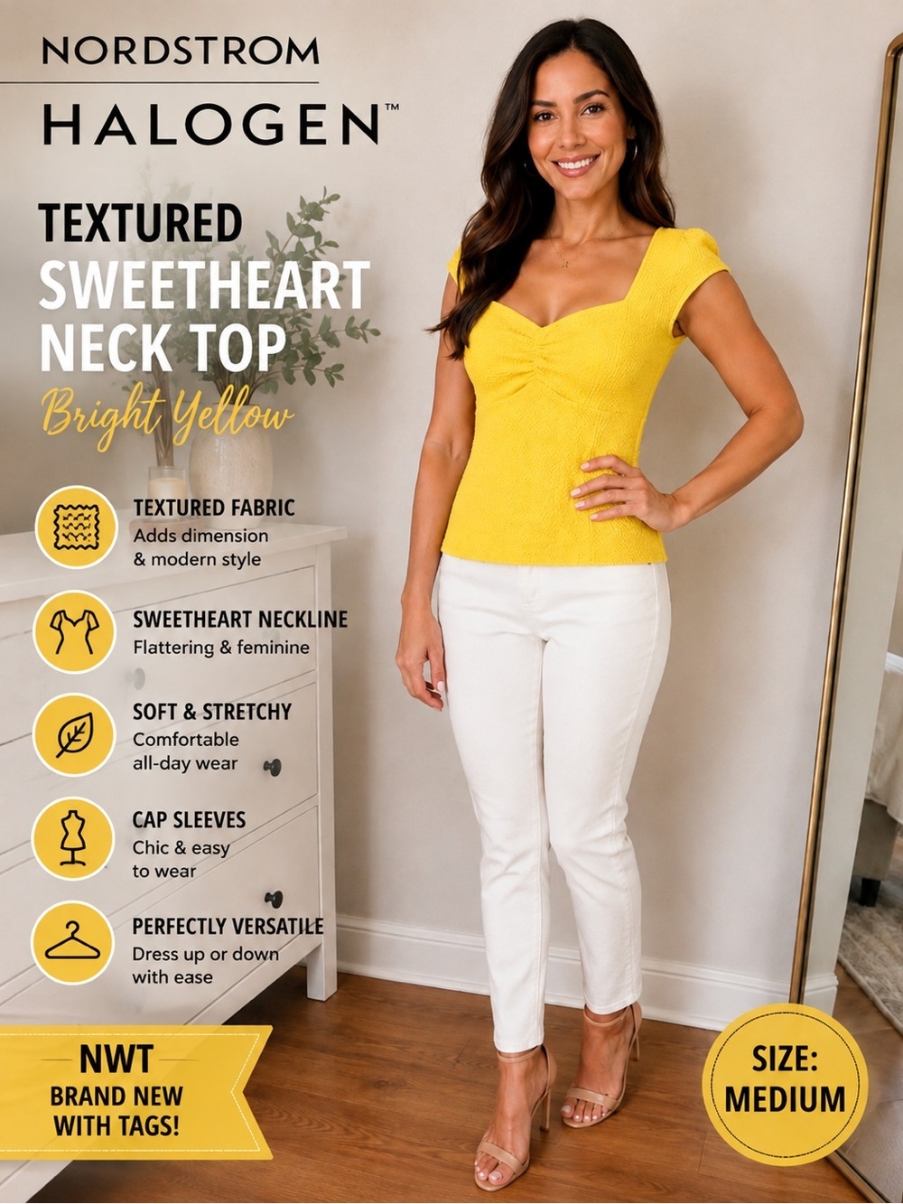 NWT Nordstrom Halogen Medium Bright Yellow Textured Sweetheart Neck Top